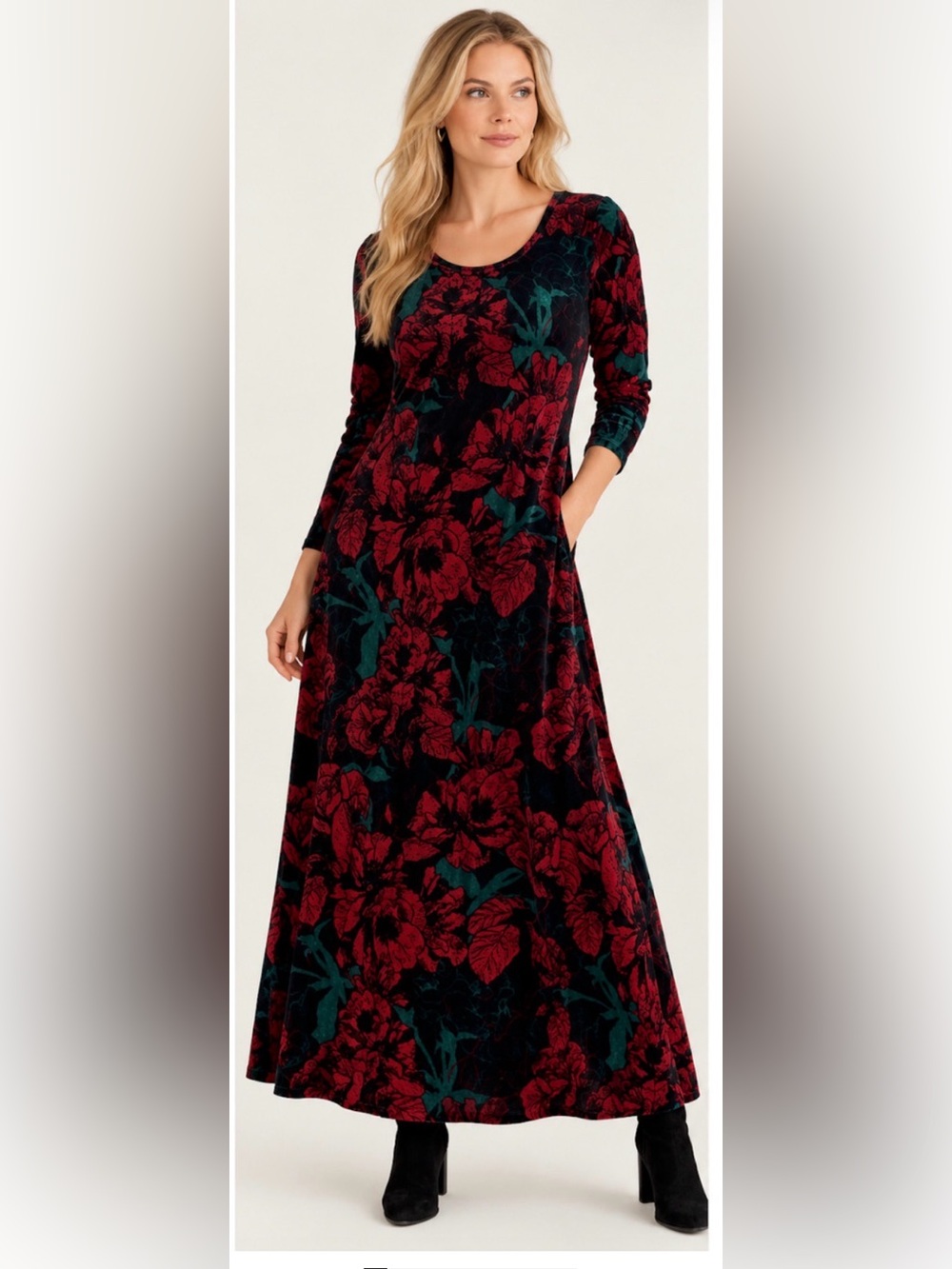 Soft Surroundings Santiago Stretch Velvet Maxi Dress Black Red Floral NWT XL